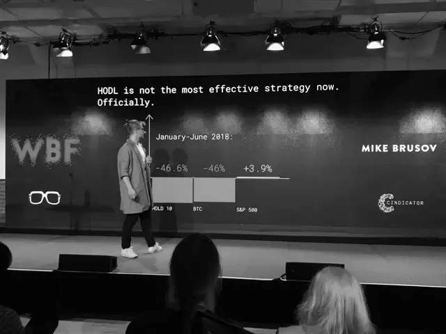Mike Brusov comparing strategy returns with holding at the World Blockchain Forum